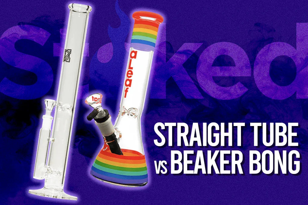 Glass straight tube bong and rainbow beaker bong side by side on purple background