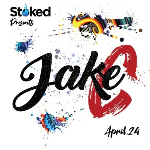 Colorful event poster with bold 'Jake C' text, abstract paint splashes, and April 24 date.