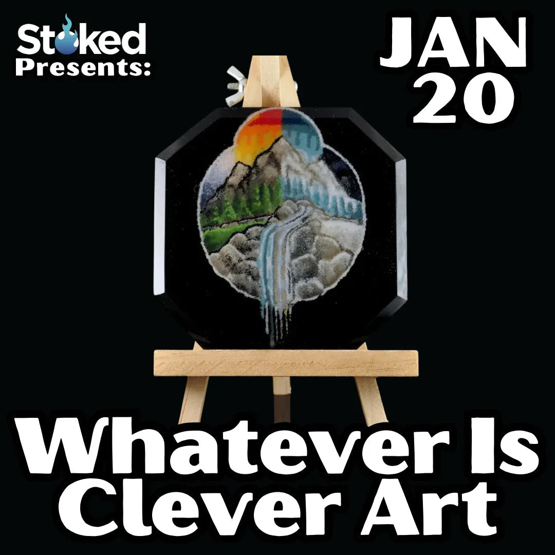 Glass art with mountain and waterfall painting on easel, event date January 20, art show promo