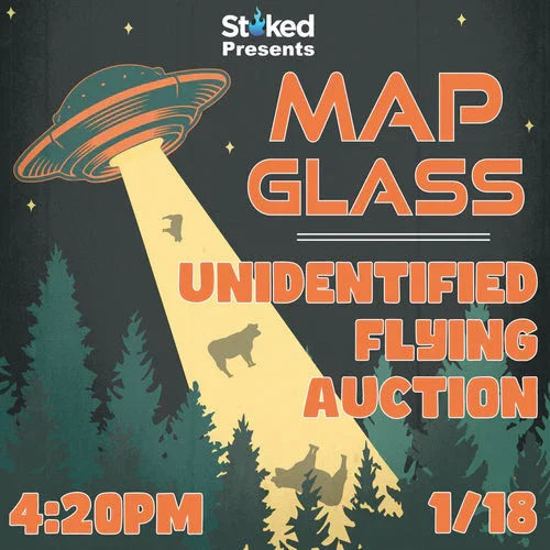 UFO beaming up animals over forest, advertising MAP glass Unidentified Flying Auction event