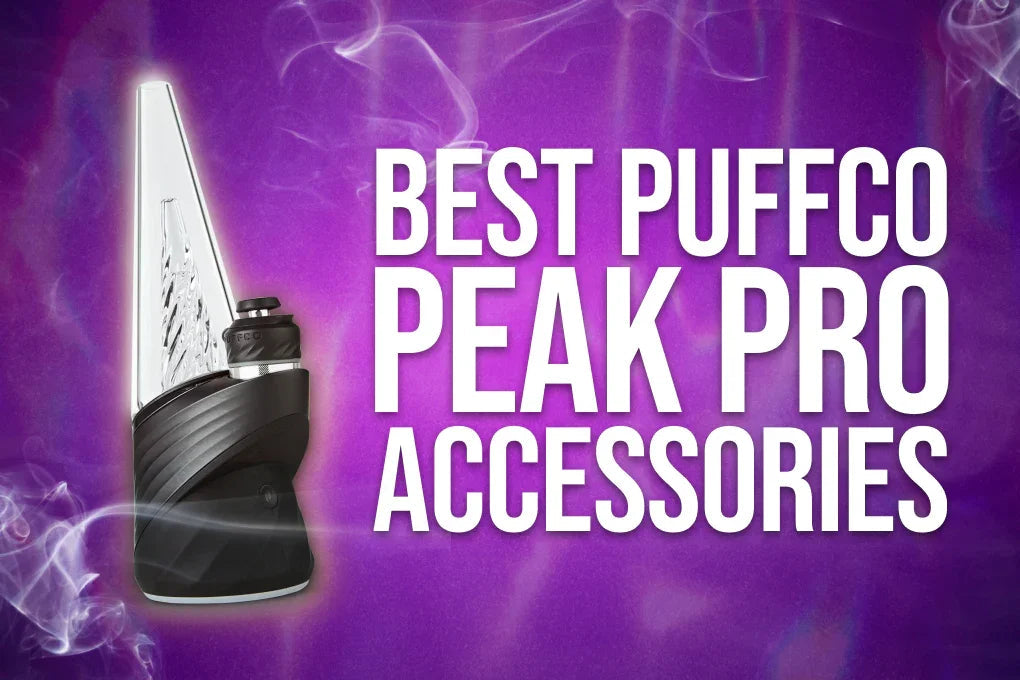 Puffco Peak Pro vaporizer with glass attachment on purple smoky background, best accessories