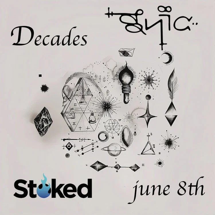 Abstract geometric artwork with cosmic and scientific symbols, lightbulb illustration, and text 'Decades,' 'Stoked,' and 'June 8th' on a white background.