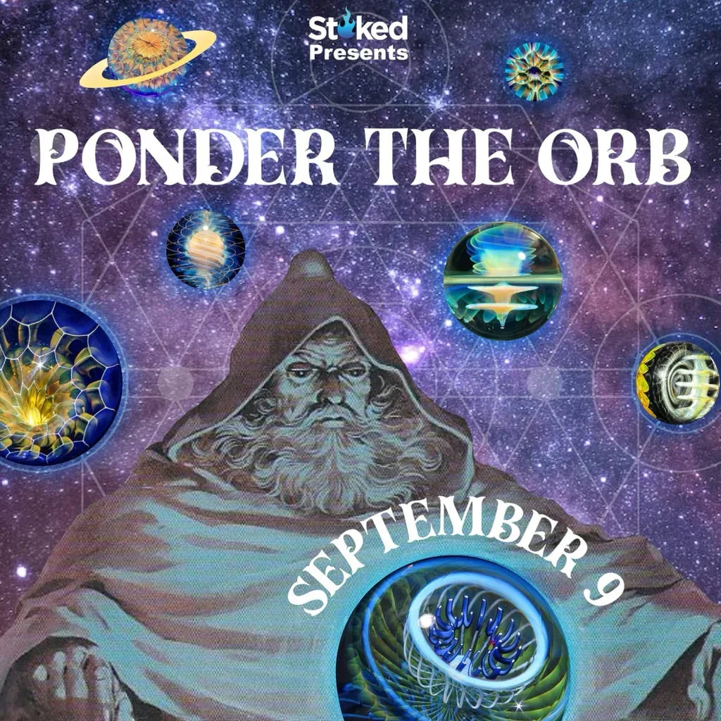 Wizard with glass orbs in a cosmic background, event text Ponder the Orb September 9