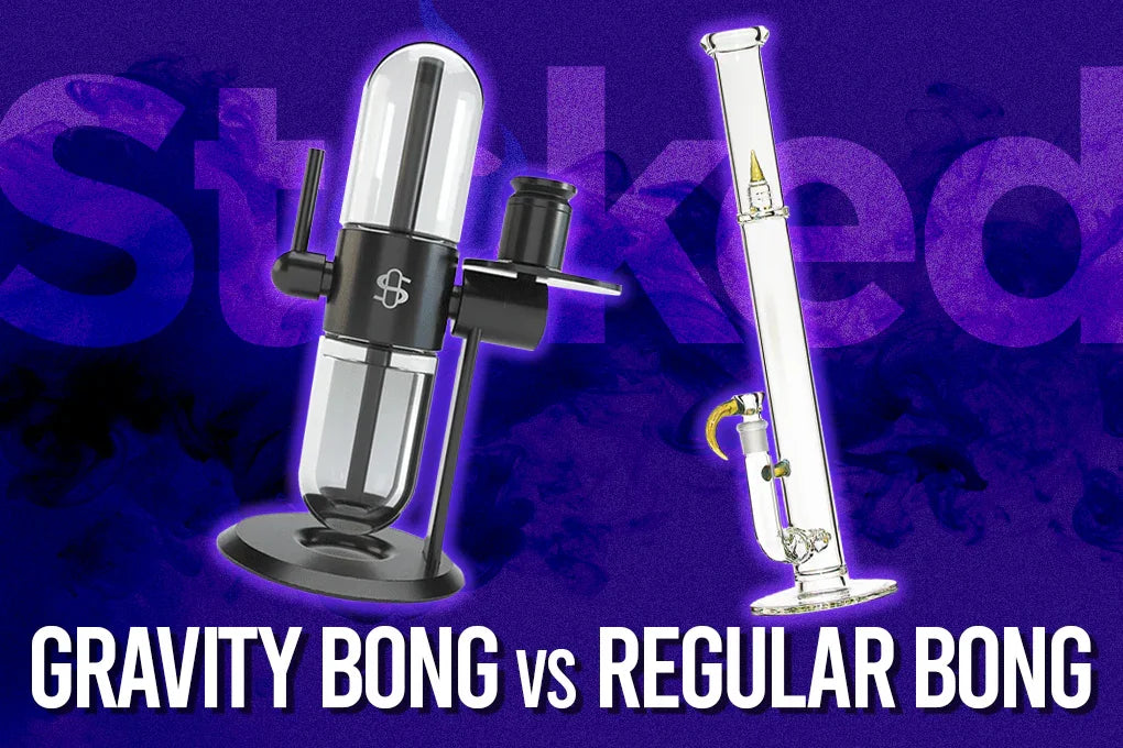 Gravity bong vs regular bong on a purple background. Text below reads "GRAVITY BONG VS. REGULAR BONG"