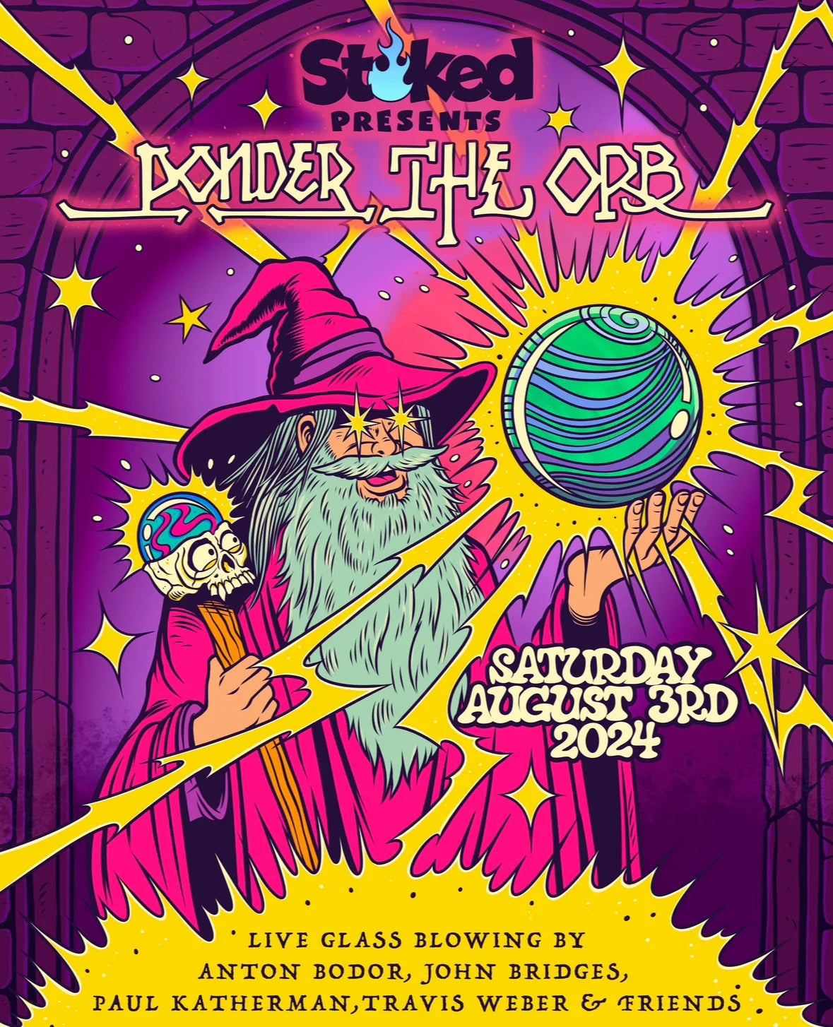 Colorful Ponder the Orb event poster with wizard, glowing green orb, and live glass blowing announcement