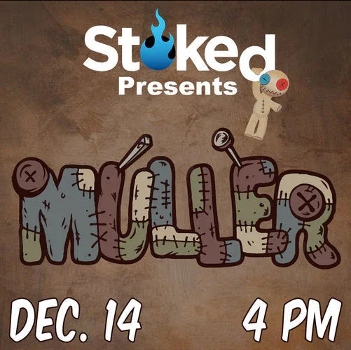Event flyer featuring stitched MÜLLER text, a voodoo doll, and event details for Dec. 14 at 4 PM.