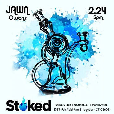Heady glass water pipe illustration with blue splatter background and event details.