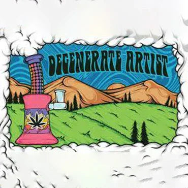 Colorful glass bong with leaf design in front of cartoon mountains and 'Degenerate Artist' text
