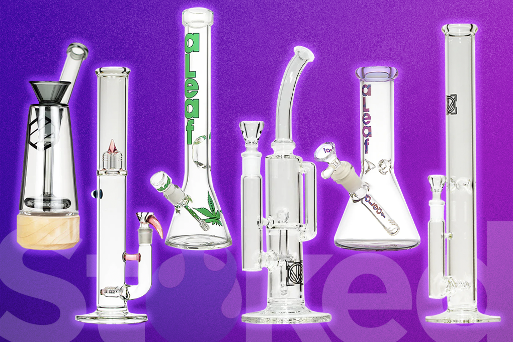 Various glass bongs on a purple background.