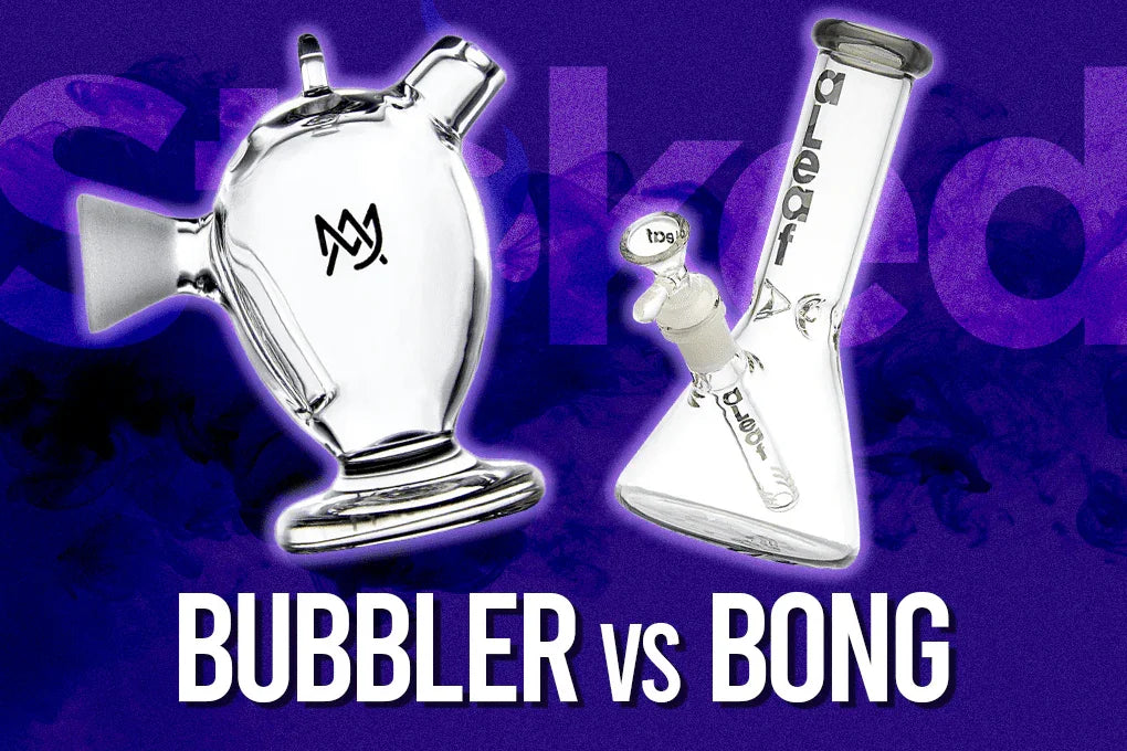Glass bubbler and beaker bong side by side on purple background, text reads 'Bubbler vs Bong'.