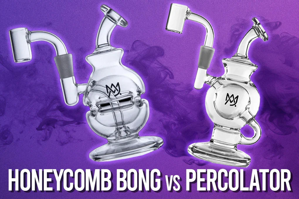 Honeycomb and percolator glass bongs on a purple background.