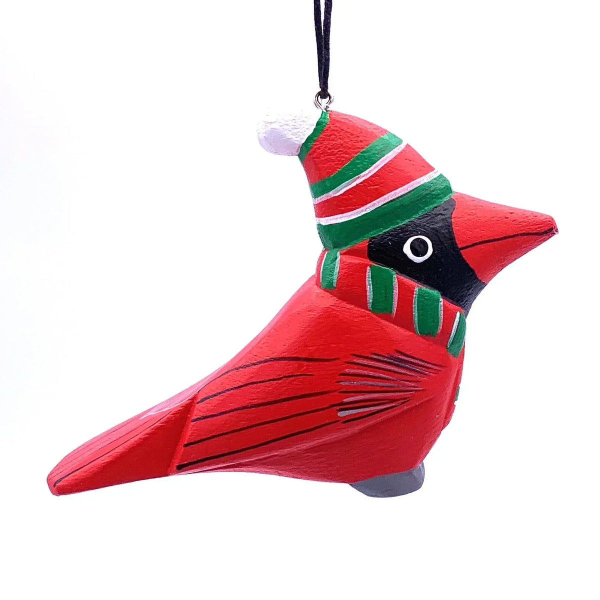 Hand-painted red cardinal Christmas ornament with festive hat and scarf