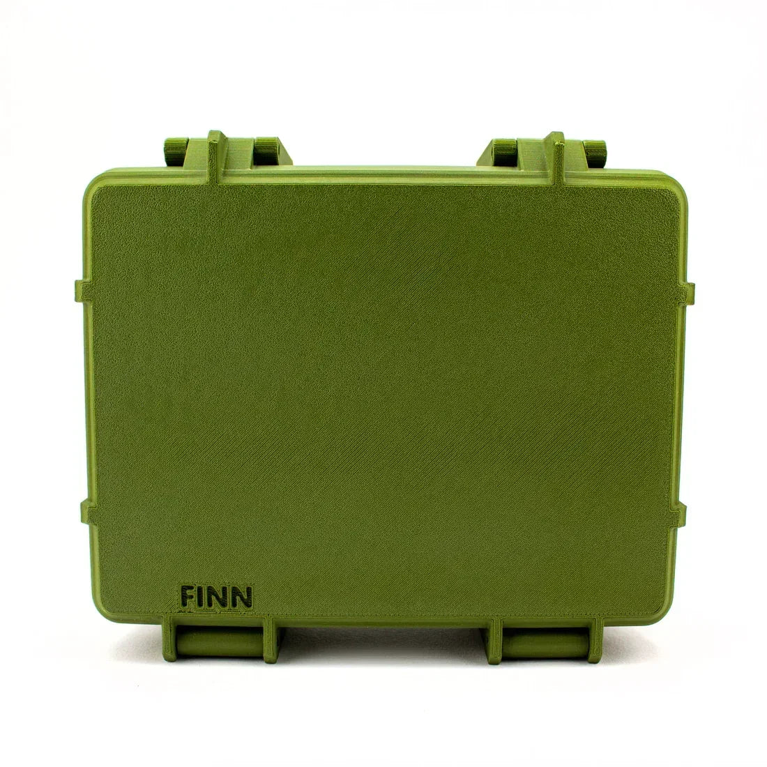Olive green hard plastic protective case labeled FINN, standing upright on white background.