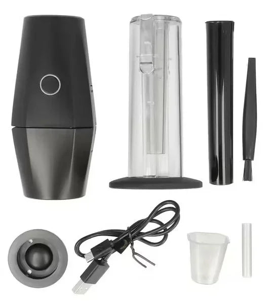 Black portable vaporizer kit with glass bubbler, cleaning brush, charging cable, and accessories