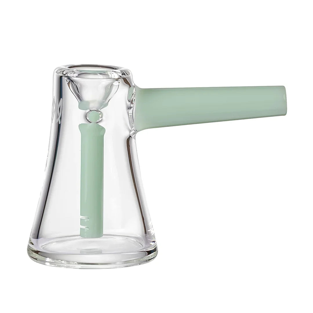 Clear and mint green glass hand pipe with percolator, modern smoke shop accessory