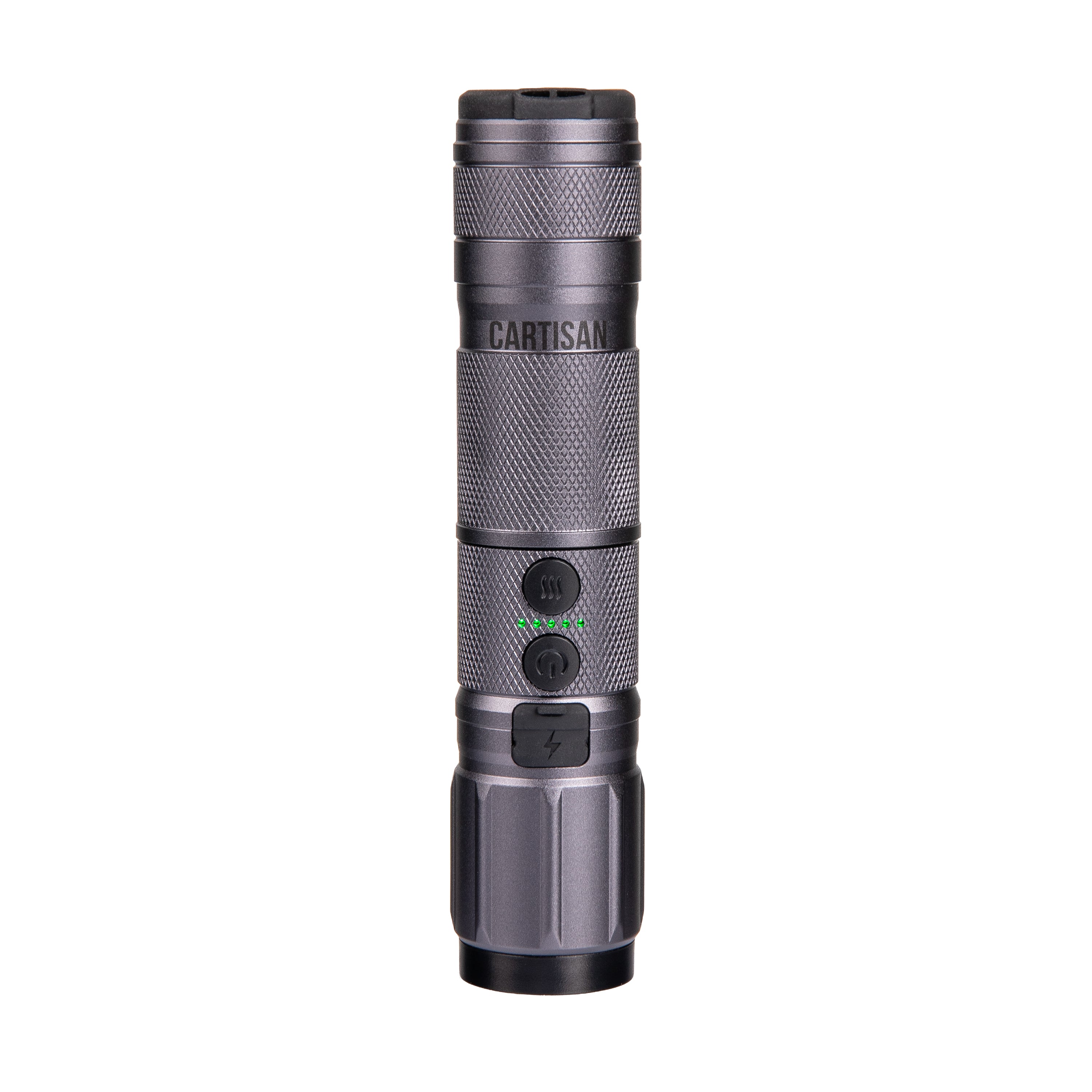 Cartisan vape battery pen with textured metal finish and LED indicators, isolated on white