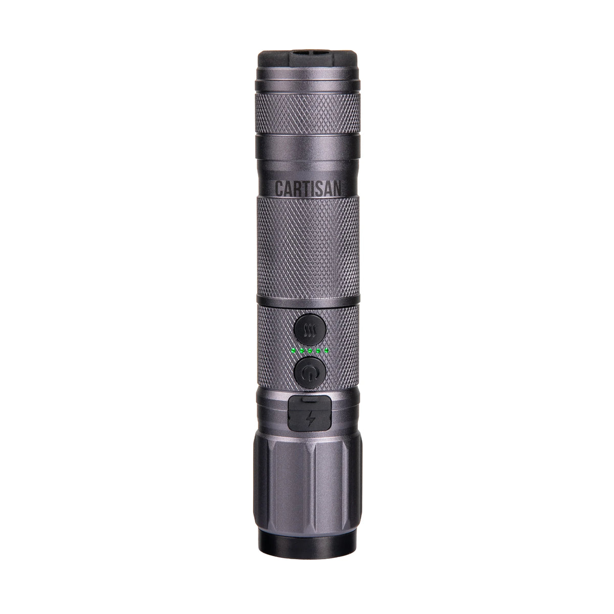 Cartisan vape battery pen with textured metal finish and LED indicators, isolated on white