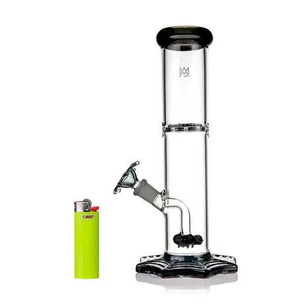 Clear glass water pipe with black accents next to a neon green lighter on white background
