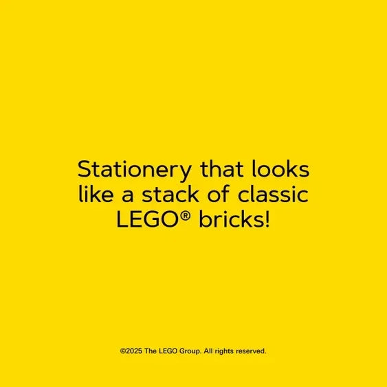 Yellow background with text promoting stationery designed to resemble classic LEGO bricks.