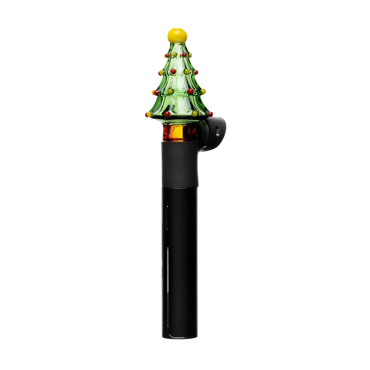 Glass vaporizer attachment shaped like a Christmas tree on a black vaporizer device