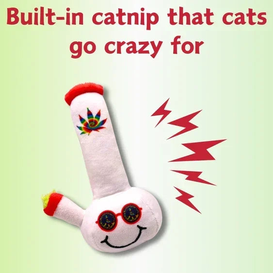 Plush cat toy shaped like a bong with built-in catnip and colorful embroidered details.