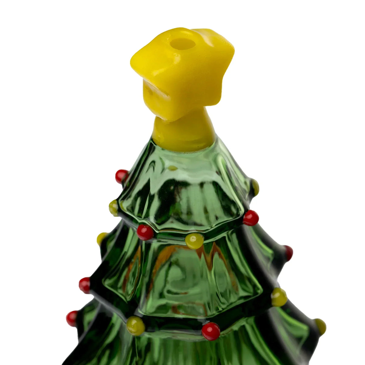 Hand-blown glass Christmas tree with star topper, red and yellow accents, collectible decor