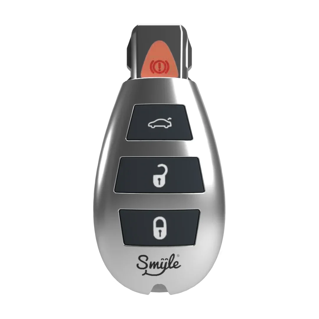 Silver car key fob with three buttons and Smyle logo, isolated on white background
