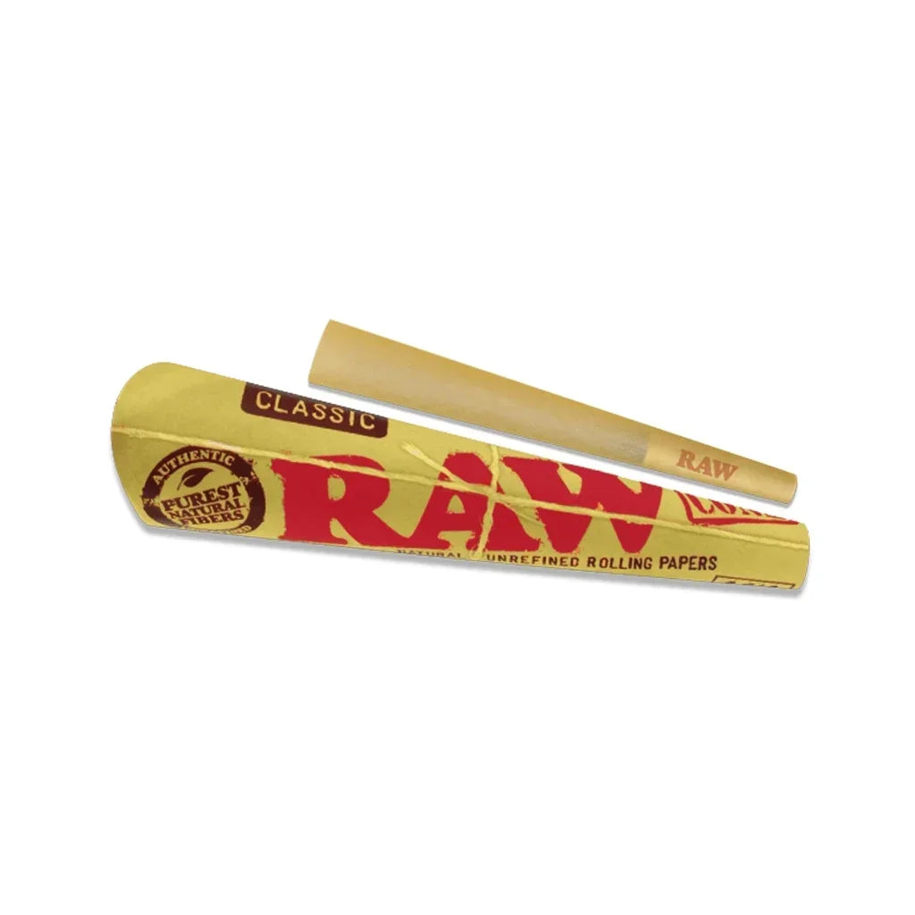 RAW Classic pre-rolled cone natural unrefined rolling paper on white background