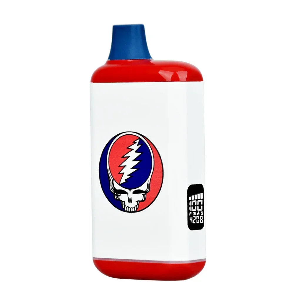 Colorful vape device with blue mouthpiece, red accents, and skull lightning bolt graphic on front.