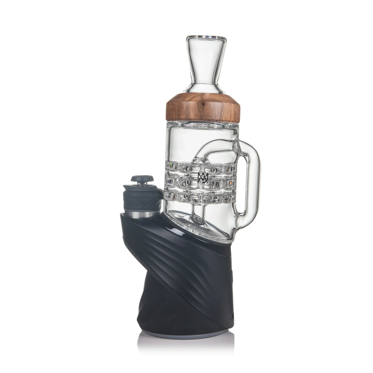 Modern glass vaporizer with clear chamber, wood accent, and black silicone base