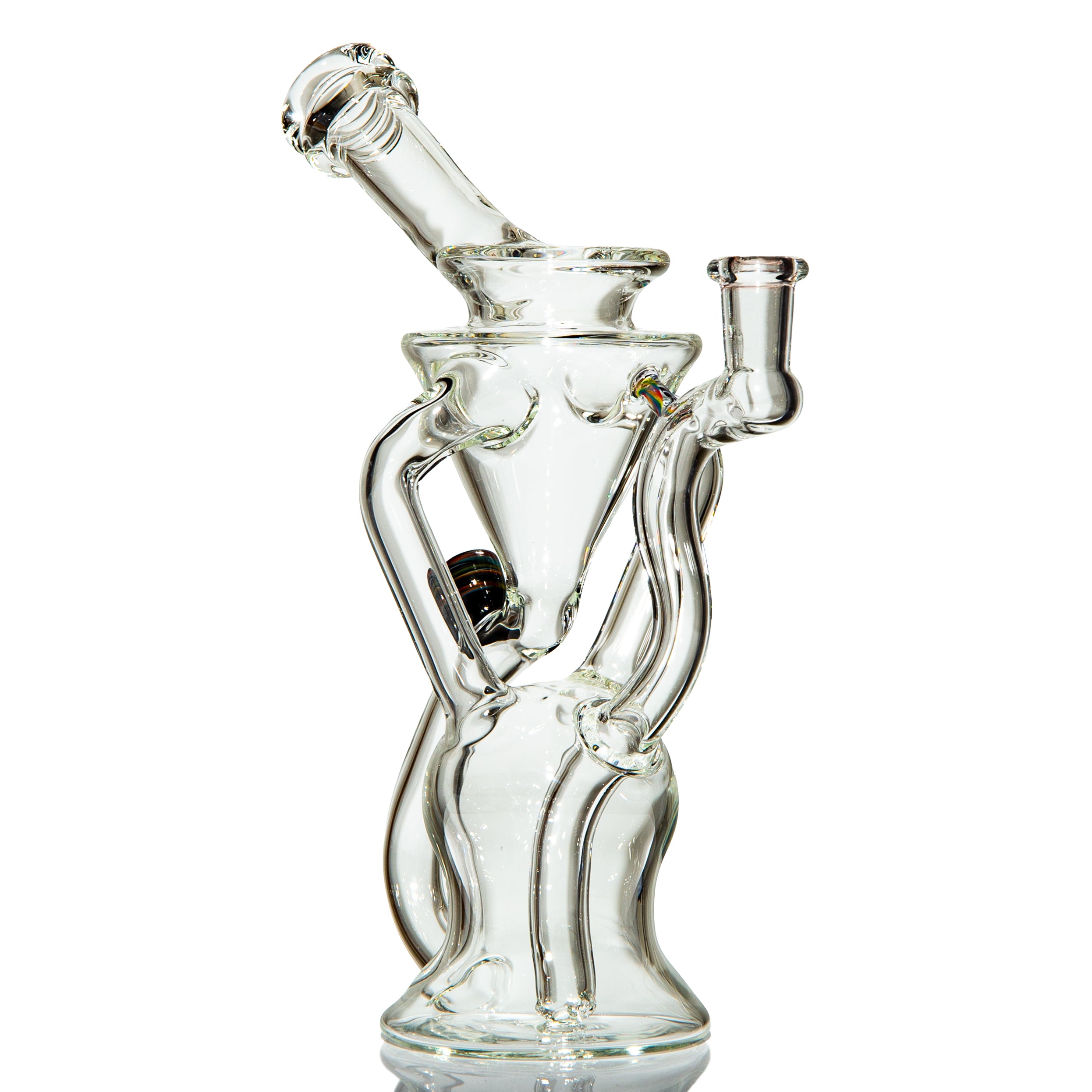 Clear glass recycler water pipe with artistic curved tubing on a white background.