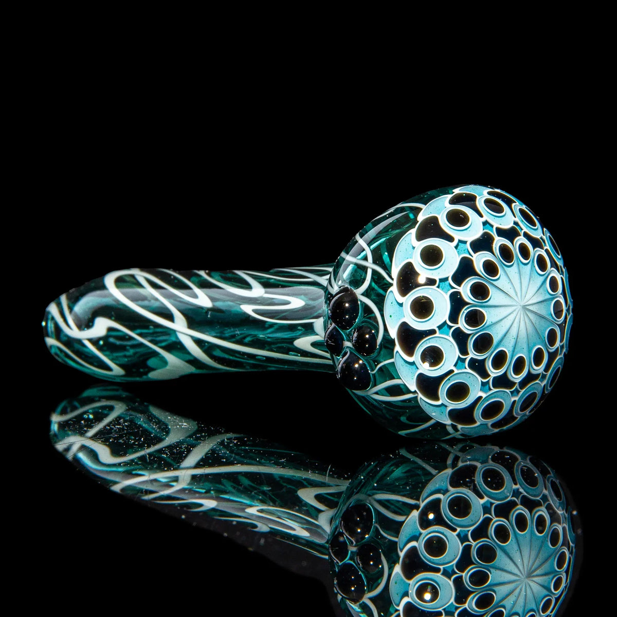 Hand-blown glass Light Blue & Black Dotstack Teal Scribble Spoon by Olour Glass