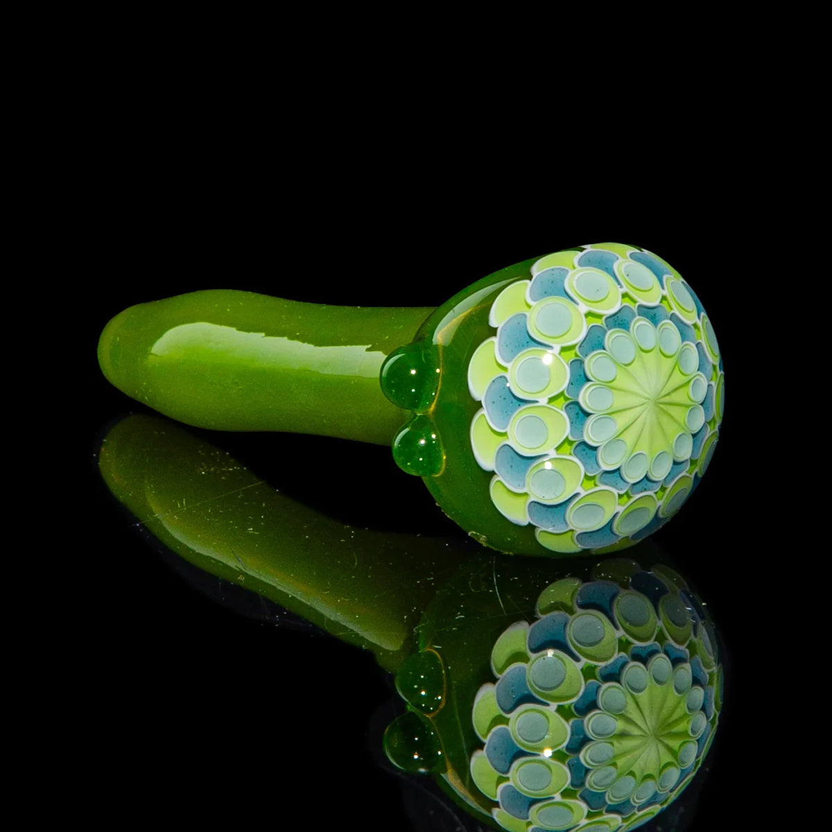 Hand-blown glass Lime & Light Blue Dotstack Green Spoon by Olour Glass