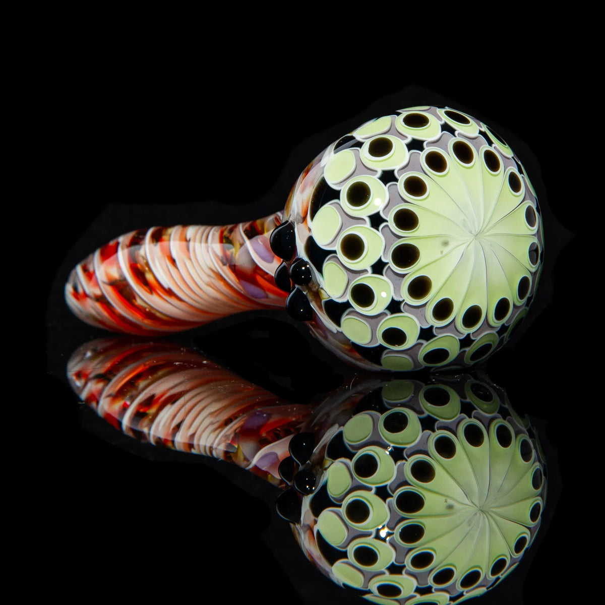 Hand-blown glass Lime, Purple & Black Dotstack Heliocoil Spoon by Olour Glass