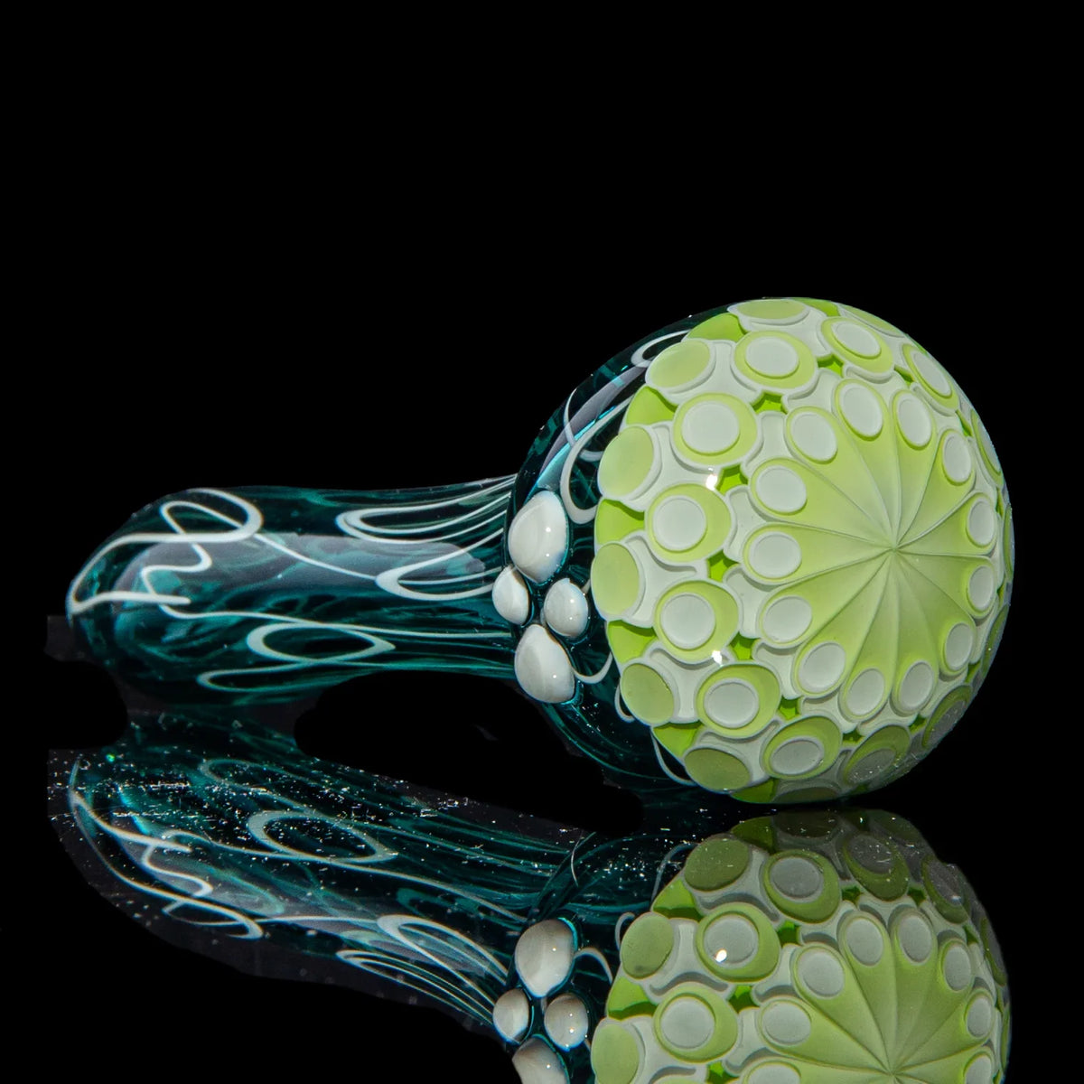 Hand-blown glass Lime & White Dotstack Teal Scribble Spoon by Olour Glass
