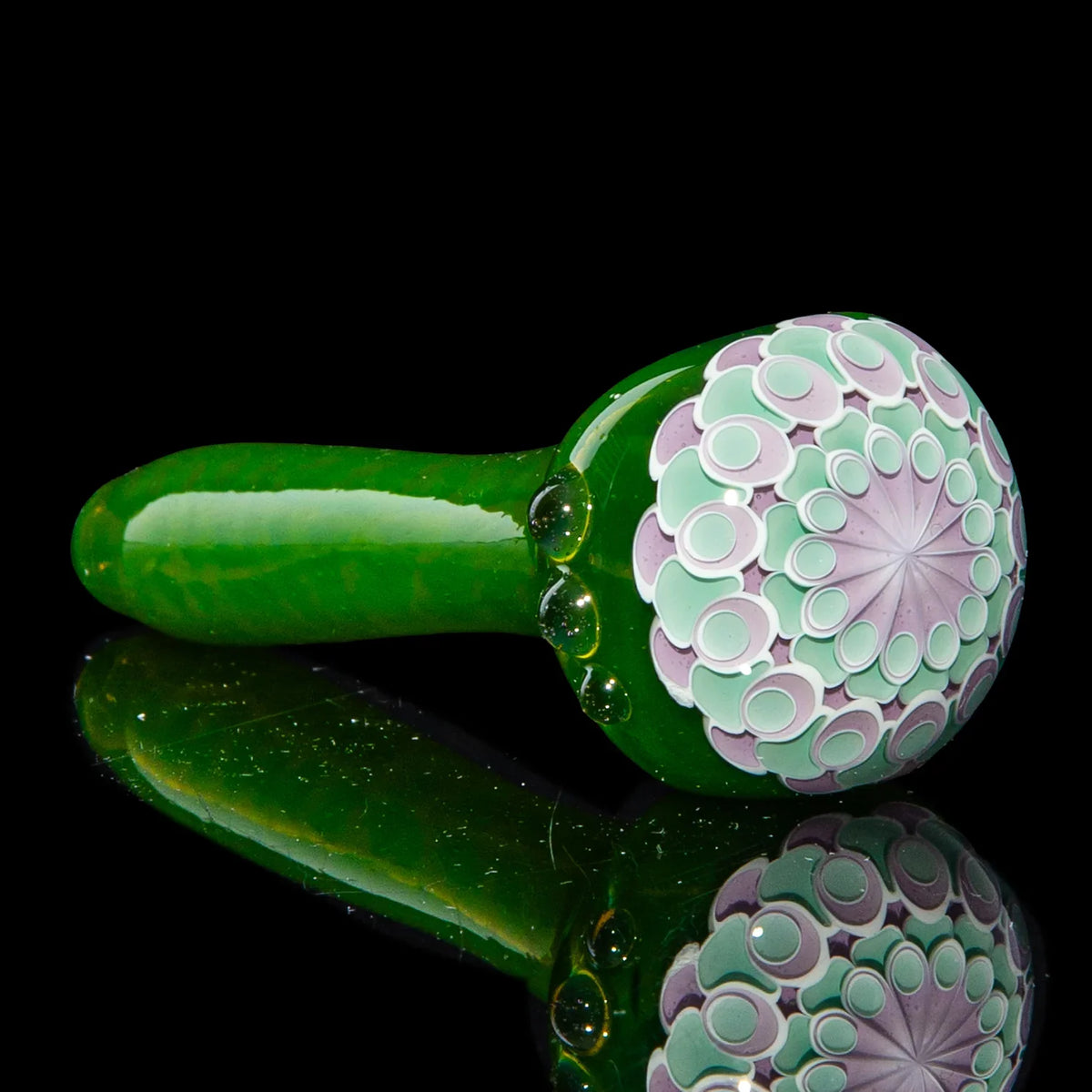 Hand-blown glass Mint & Pink Dotstack Green Spoon by Olour Glass