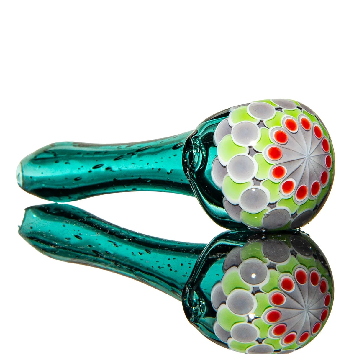 Hand-blown glass Red, Lime & Violet Dotstack Teal Spoon by Olour Glass