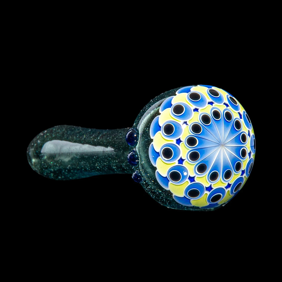 Hand-blown glass Yellow, Blue & Black Dotstack Sea Green Spoon by Olour Glass