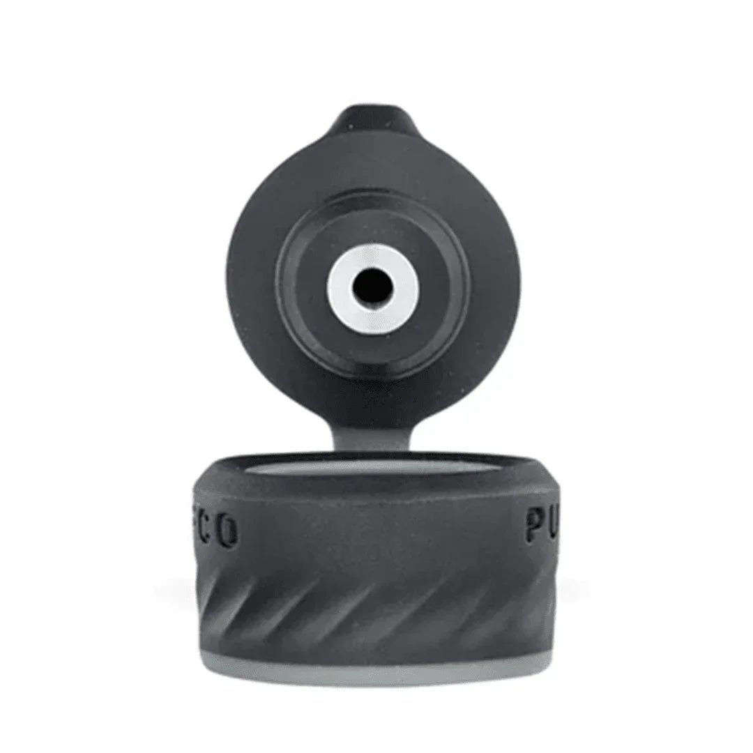 Black silicone Puffco vaporizer carb cap with open airflow design on white background