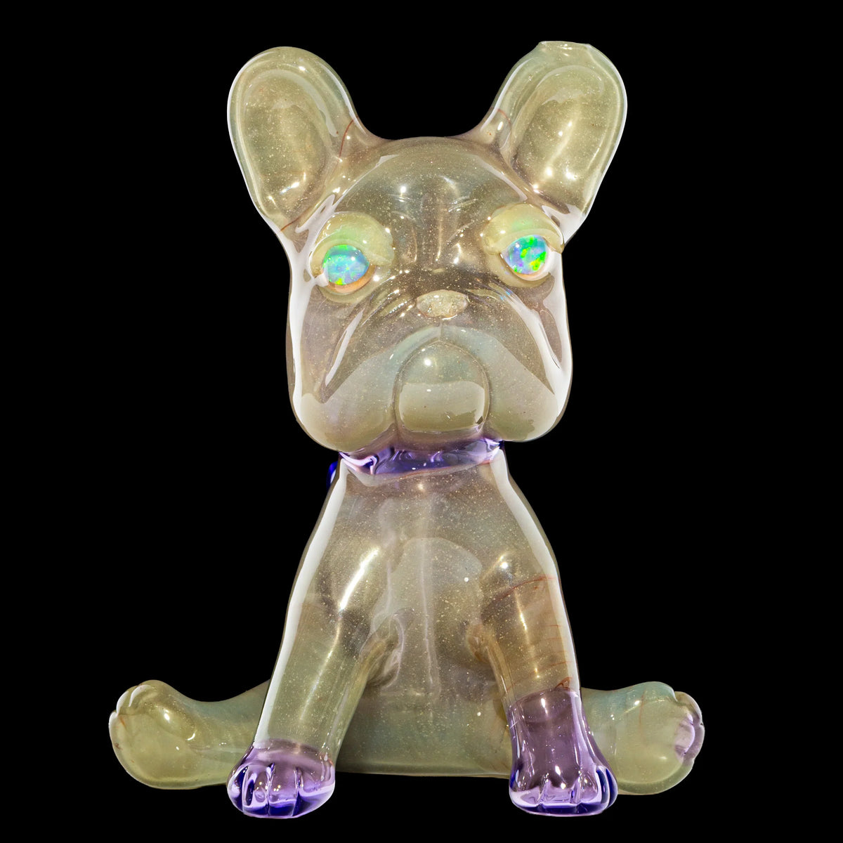 Purple hand-blown glass dab rig with a frenchie design by Swanny