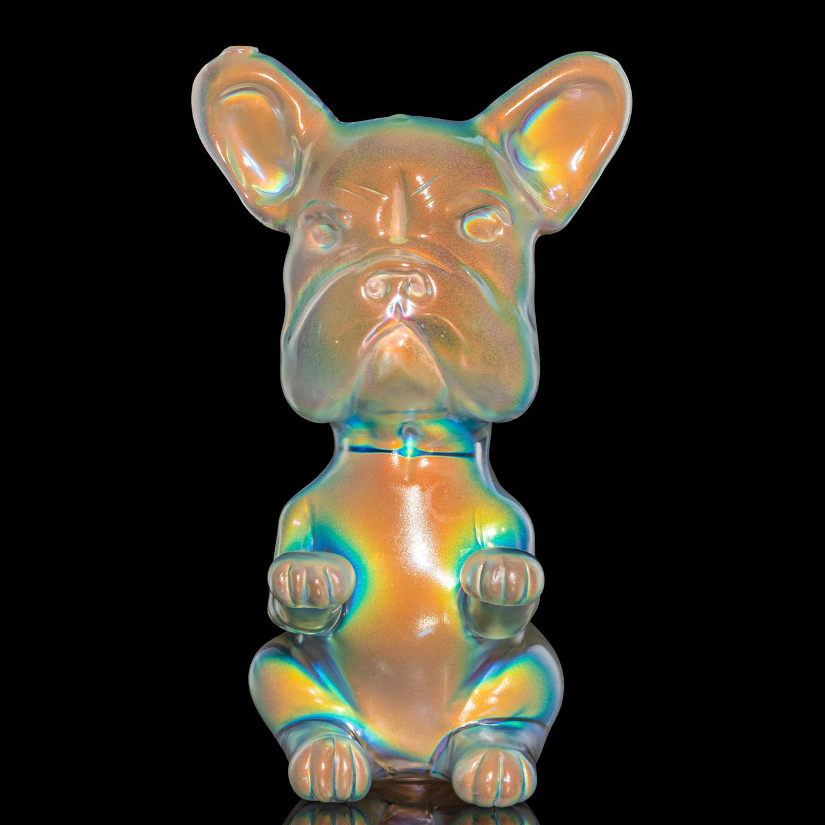 Iridescent hand-blown glass water pipe with a frenchie design by Swanny