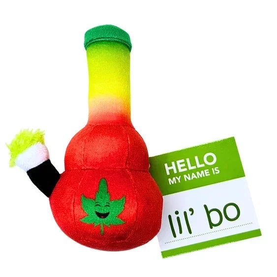 Plush bong toy with green leaf face, rasta colors, and name tag reading 'lil’ bo'.