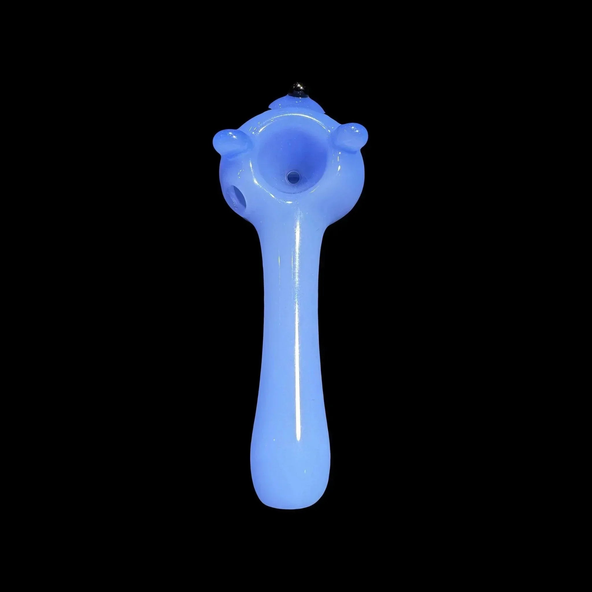 Light blue glass hand pipe with round bowl and protrusions, on black background