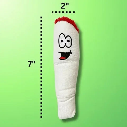 Plush joint toy with smiling cartoon face and red tip, sized 7x2 inches, on green background.