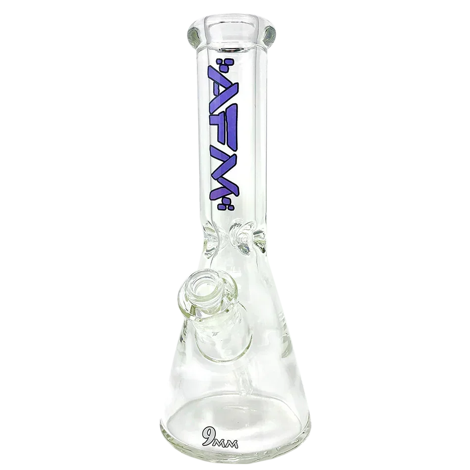 Clear glass beaker bong with blue AFM logo and 9mm thickness marking