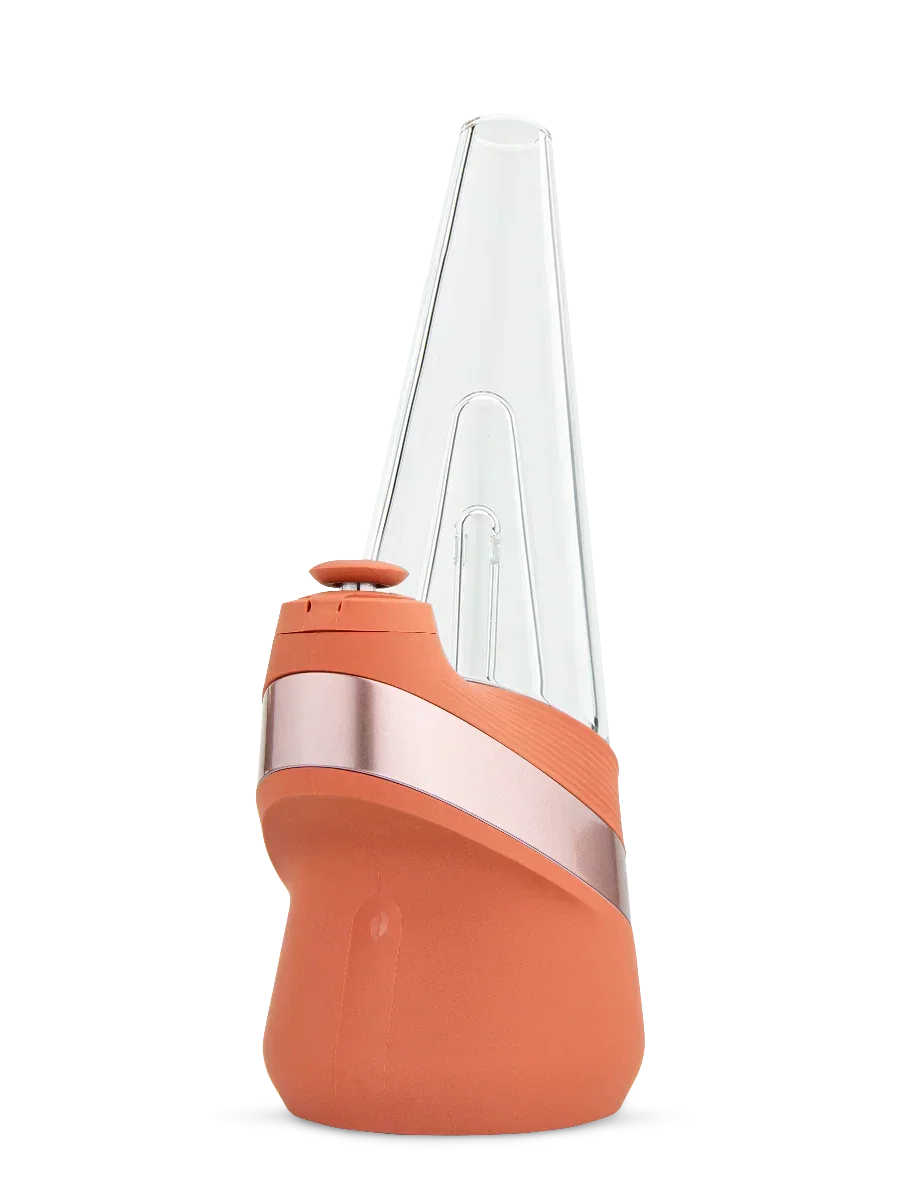 Modern orange and glass electronic vaporizer with conical mouthpiece on white background