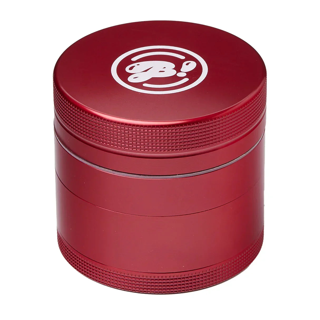 Red metal herb grinder with textured grip and white logo on lid, isolated on white background