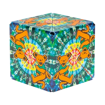 Colorful kaleidoscope cube with dancing bear graphics and tie-dye psychedelic design