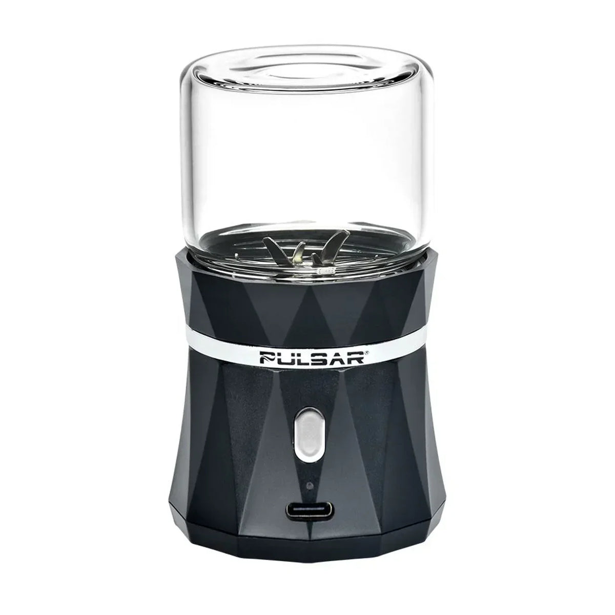 Pulsar electric herb grinder with glass chamber and black geometric base