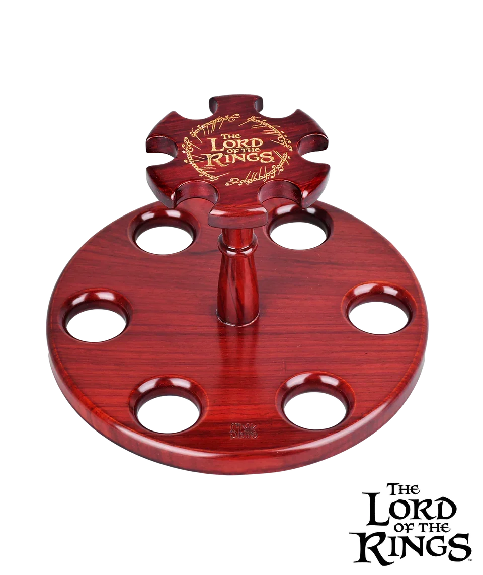 The Lord of the Rings themed wooden glass stand with six slots and engraved logo.